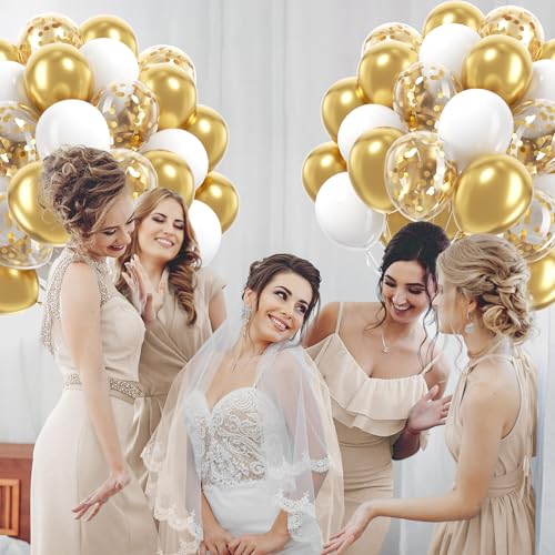 60pcs Gold and White Balloons 12inch, White and Gold Balloons with Metallic Gold Confetti Balloons for Graduation Wedding ...