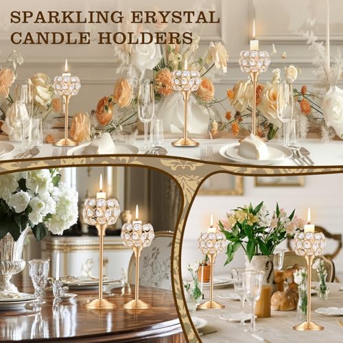 Crystal Metal Tealight Candlestick, Bling Bowl Candelabras, Tall Crystal Candle Holders Elegant Candle Centerpiece for Din...