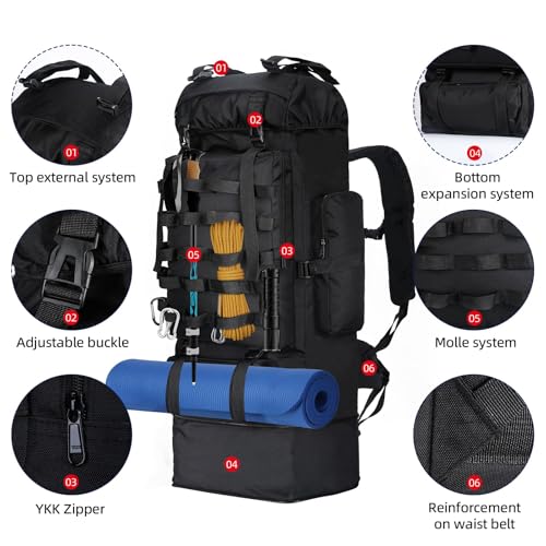 LibSkyln 70L/100L Camping Hiking Backpack with Rain Cover, Expandable Large Military Tactical Backpack, Waterproof Molle R...