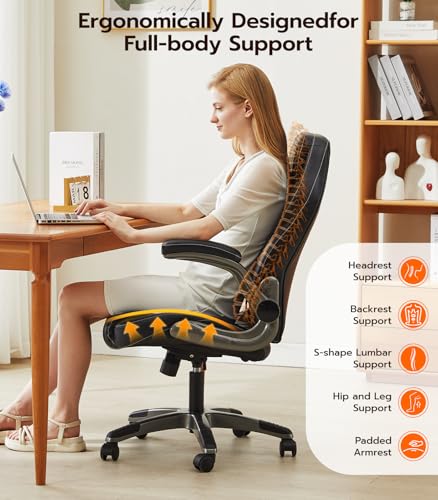 Office Desk Chair, Ergonomic Computer Chair with Padded Flip-Up Arms and Adjustable Lumbar Support, PU Leather Executive C...