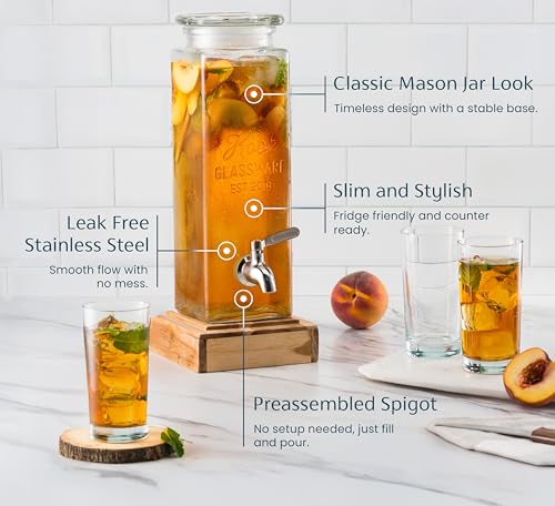 Kook Glass Drink Dispenser, with Leak-Proof Stainless Steel Spigot, Clear Rectangular Mason Jar, Beverage Storage for Frid...