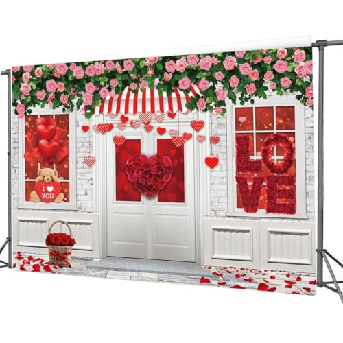 CYLYH 7X5FT Valentine's Day Backdrop Valentine's Day Store Backdrop Pink Rose Flower Brick Wall Background Mother's Day Pa...
