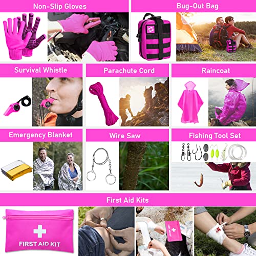 ThinkLearn Pink Survival Kits with First Aid Kit, Hiking Camping Gear and Equipment for Women, Professional Bug Out Bag Su...