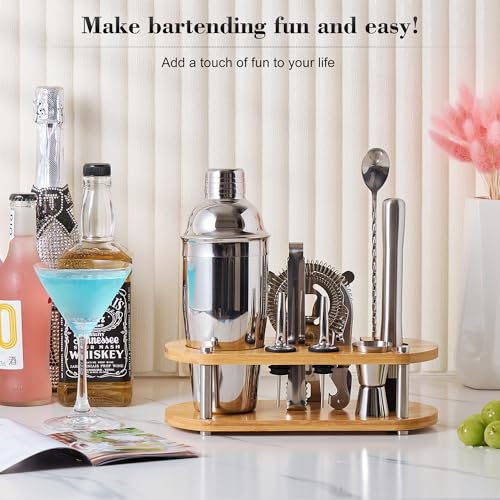 Cocktail Shaker Set Bartender Kit - 11 Pcs Bar Tool Set with Bamboo Stand & All Bar Accessories: Martini Shaker, Strainer,...