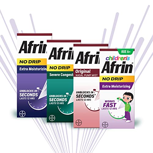 Afrin No Drip Extra Moisturizing Nasal Mist Twin Pack, Non-Drowsy, Fast-Acting Decongestant for Sinus Pressure and Dry Nasal Passages, Adults and Children 6 and Older, .5 fl oz (Pack of 2)