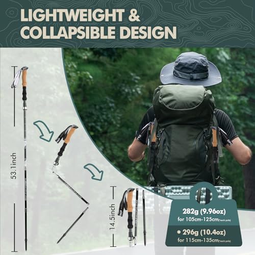 GPTCAMP Nordic Walking Stick, TPZ-1, 2pc Folding Collapsible Hiking Poles with Metal Quick Lock, Cork Handle, Lightweight ...