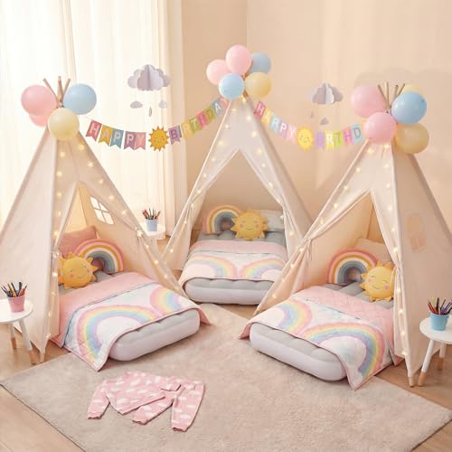 wilwolfer 6 Pack Kids Teepee Tent Bulk with Inflatable Airbed & Light, Natural Toddler Play Tent for Girls Boys Indoor Sle...
