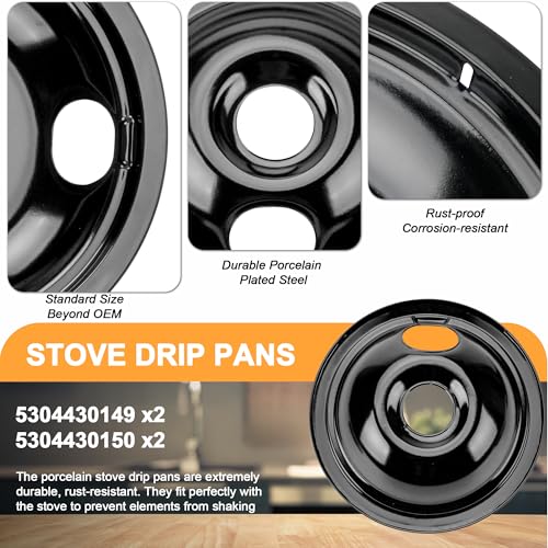 Black Porcelain Drip Pans Set 4-Pack 318067041 & 318067051 Compatible with Frigi-daire Ken-more Range Oven Replaces Electr...