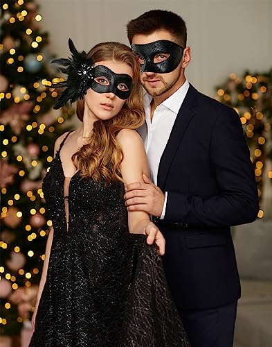 MYSEUNI Black Couples Masquerade Mask Set - Women's Masquerade Masks with Feathers & Venetian Mask for Men, Mardi Gras, Ha...