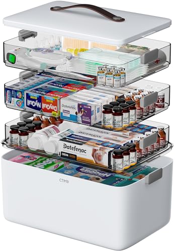 CTIME 4-Tier XL Medicine Organizer - Portable Medicine Cabinet with Leather Handle, Empty First Aid Kit for Home, School, ...
