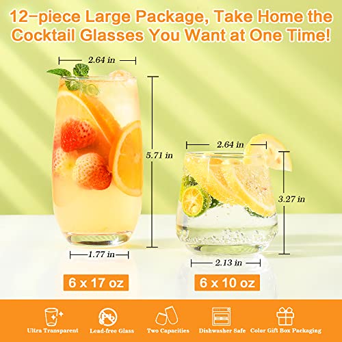 ISMASOAN Drinking Glasses Set of 12-6 Tall Glass Cups 17 oz and 6 Short Stemless Wine Glasses 10 oz,Glass Sets for Drinkin...