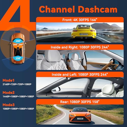 4K 360° DashCam for Cars,4 Channel Car Dash Cam Front and Rear Inside with 128GB Card Included,Voice Control,5.8G WiFi GP...