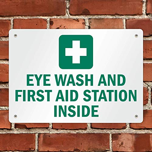 SmartSign 7 x 10 inch “Eye Wash And First Aid Station Inside” Sign with Symbol, Digitally Printed, 55 mil HDPE Plastic, Gr...