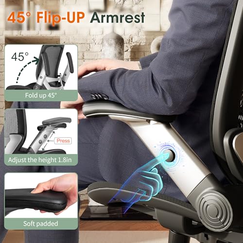 GABRYLLY Ergonomic Office Chair, High Back Home Desk Chair with Headrest, Flip-Up Arms, 90-120° Tilt Lock and Wide Cushio...