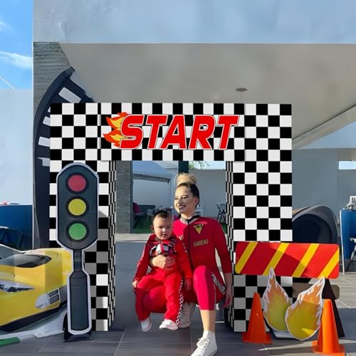 Saypacck 9 Pcs Race Car Birthday Party Decoration Checkered Flag Cardboard Kit Racing Theme 35.4 in Background 11.8 in Box...