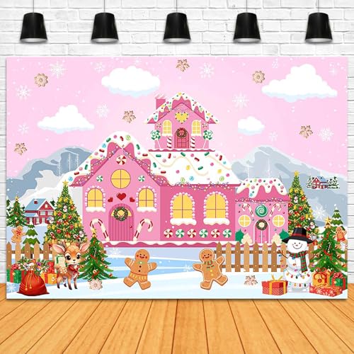 Fitumiw Pink Gingerbread House Backdrop 7x5ft Merry Christmas Photography Background Party Decorations Pink Candy House Ba...