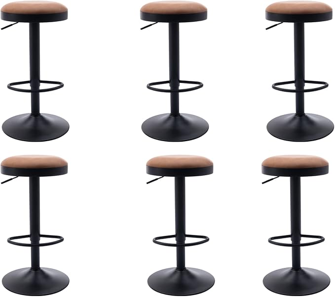 EALSON Modern Swivel Bar Stools Set of 6 Adjustable Counter Height Backless Barstools with Metal Base Leather Upholstered Round Bar Stool Chairs for Kitchen Island/Pub/Breakfast Bar, Brown