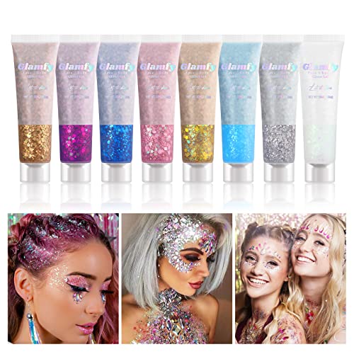 8 Color Body Glitter,Face Glitter Gel,Hair Glitter,Self Adhesive Glitter Gel,Chunky Glitter Festival Accessories,Cosmetic ...
