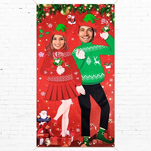 Christmas Photo Door Banner Christmas Ugly Sweater Photo Booth Party Decor Backdrop Props with Rope Ugly Sweater Candy Fun...