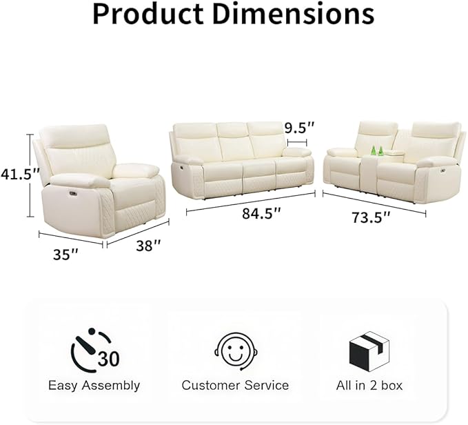 Toseslo Power Leather Sofa and 2 Chairs Set, Recliner Sofa Set with LED Light, Living Room Furniture Sets, Modern Power Reclining Sets with Cup Holder/Storage Console for House, Vanilla White