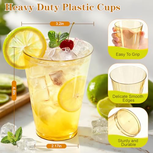 Glowserve 12 oz Plastic Cups Disposable Gold Clear Plastic Christmas Cups Cocktail Glasses 50 Pack Drinking Disposable Cup...