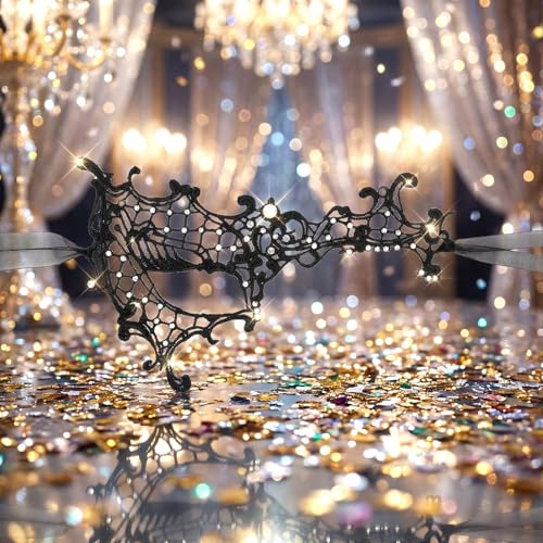 Telooco Black Masquerade Mask for Women Rhinestone Lace Masquerade Mask Sparkly Half Eye Masks for Mardi Gras Cosplay Cost...