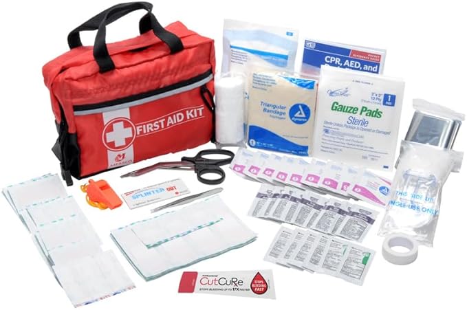 MFASCO First Aid Kit - Compact Lightweight Red Nylon Bag with Handles - Basic First Aid Supplies, Comprehensive Guide - Id...