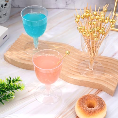 Whaline 200Pcs 5 oz Plastic Wine Glasses with Stem and Gold Pearl Cocktail Picks Set Disposable Clear Cups Drink Goblets w...