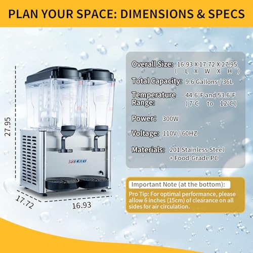 FSKEKU Dual-Tank Commercial Beverage Dispenser, 36L (9.5 Gal) Total, Black Refrigerated Juice Drink Machine, Stainless Ste...
