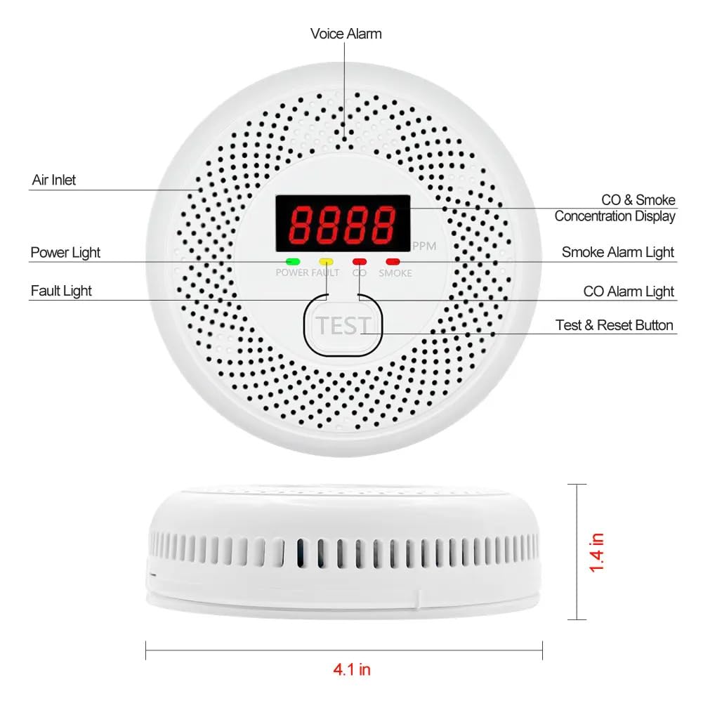High Definition Color Screen Detector LCD Powered by Carbon Monoxide Detector and Smoke Alarm Battery (excluding Battery) (Compact Design, 4Pack-CO&Smoke)