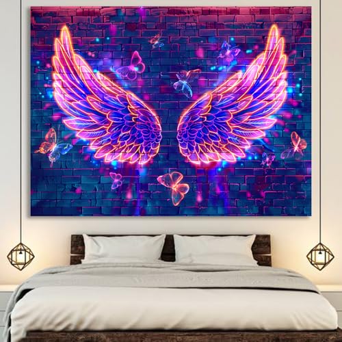 Manicer Blacklight Angel Wings Tapestry, UV Reactive Neon Wings Wall Hanging Tapestries, Fluorecent Butterfly Aesthetic Wa...