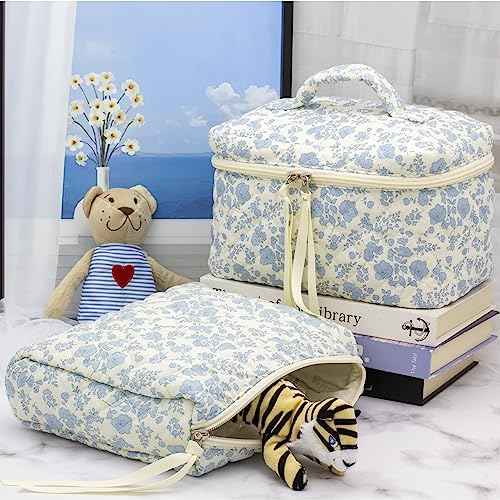 PAZIMIIK Quilted Makeup Bag Large Travel Zipper Soft Cosmetic Pouch for Women Girls Make Up,Little Flower Blue