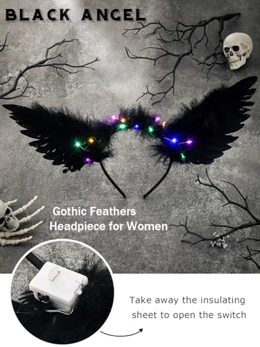 Aiosy Light Up Halloween Wing Headbands LED Black Feather Hairband Angel Wings Women Hair Accessories for Rave Costume