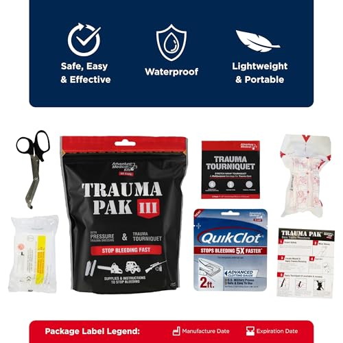 Adventure Medical Kits Trauma Pak III with QuikClot & QuikClot Gauze 3" x 2’ - Medical Kit with Gloves, Gauze, Dressing & ...