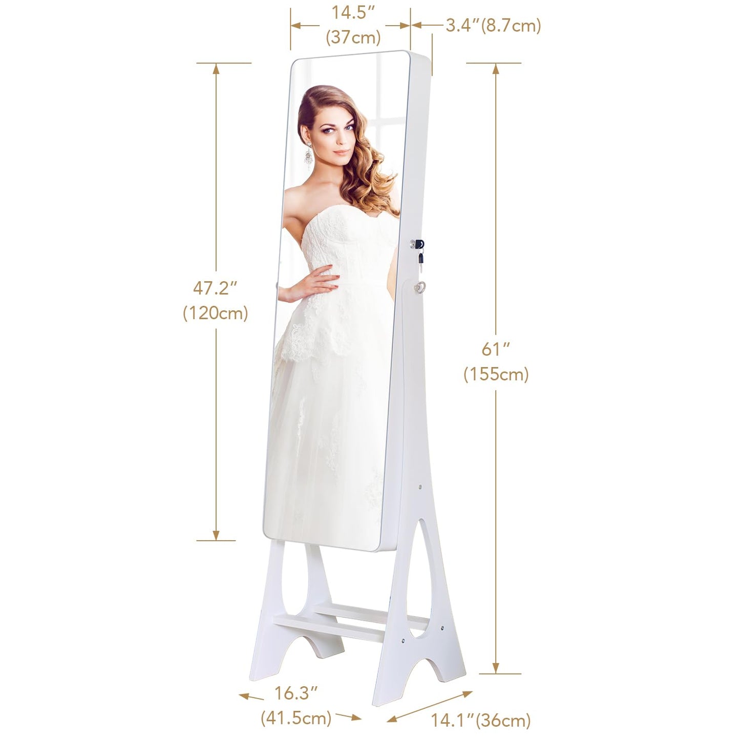 MASMIRE Mirror Jewelry Cabinet Standing, Full Length Mirror Jewelry Armoire Jewelry Organizer Lockable Jewelry Storage for Women Girl Full-Length Frameless LED Lights 6 Drawers Lockable White