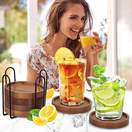 6 Pcs Best Wooden Coasters with Holder Coffee Table Decor Acacia Wood Coaster Set Modern Cup Coaster for Drink Home Dining...
