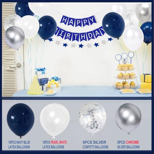 Blue Birthday Party Decorations for Men - Navy Blue and Silver Balloons with Happy Birthday Banner, Tissue Pompoms, Hangin...