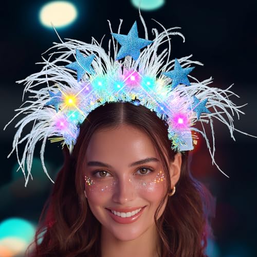 Campsis Light up Star Headbands, Blue LED Feather Headpiece, Glowing Costume Rave Hair Accessories for Women