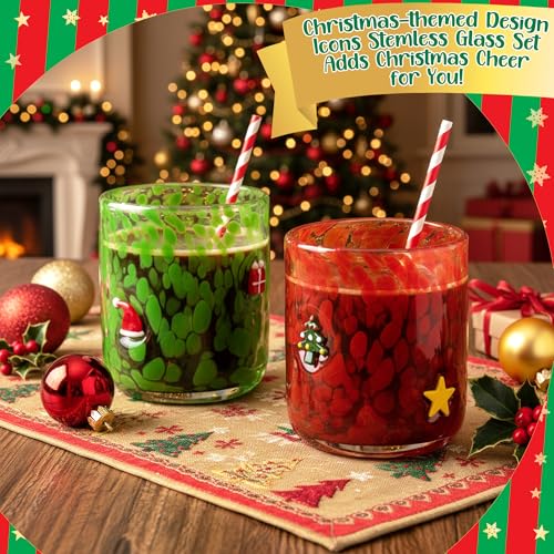 9tilight 2Pcs Christmas Icon Juice Glasses 14oz Icon Stemless Drinking Glasses Set, Xmas Double Old Fashioned Glass Drinki...