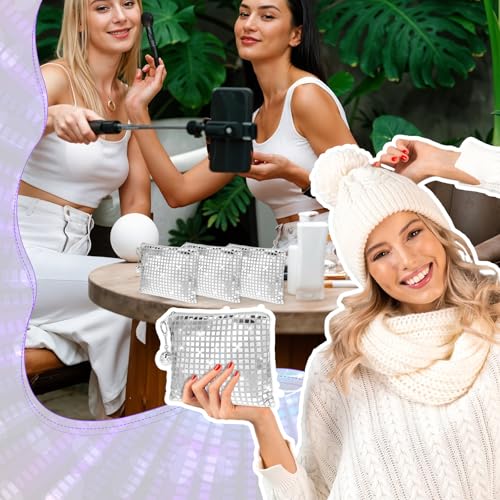 12 Pcs Disco Cosmetic Bags with Zipper Disco Party Favors Silver Glitter Sequin Mirror Makeup Bags for Bachelorette Bridal...