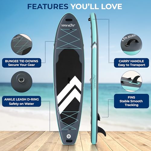 SereneLife Ultra-Light Inflatable Stand Up Paddle Board with Premium SUP Accessories - Extra Wide Stable Design with Non-S...