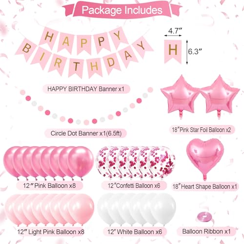 Iysoll Pink Birthday Party Decorations for Girls Women Happy Birthday Banner Light Pink and White Balloons party decor Pom...