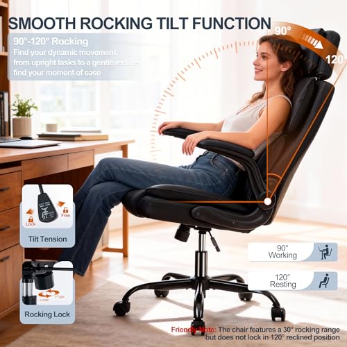 Leather Office Chair with Adjustable Headrest, Executive Home Office Desk Chairs with Ergonomic Back Support, Padded Flip-...
