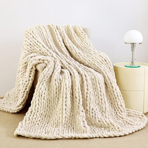 Admitrack Chunky Knit Blanket Throw 51"x63", 100% Hand Knit Chenille Throw Blanket for Sofa & Home Decor, Soft and Cozy Kn...