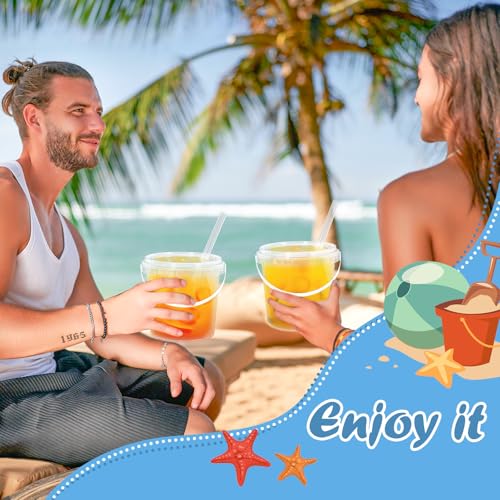FYSUIMU 50Pcs Clear Plastic Cups with Lids & Straws 32 Oz Drink Bucket with Handle Disposable Cocktail Pails for Beach Poo...