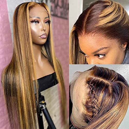 Lemoda Outlet Deals 13x6 Highlight Ombre Lace Front Wig Human Hair 180 Density 20 Inch Straight Transparent Lace Pre Plucked Honey Blonde Human Hair Wigs for Women P4/27 Color