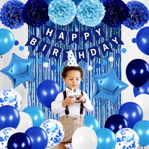 Iysoll Blue Birthday Party Decorations for Boys Men Happy Birthday Banner Balloons Navy Royal Light Blue Pom Poms Foil Cur...