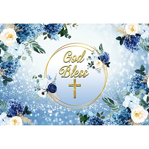 OERJU 10x6.5ft God Bless Backdrop Blue Floral Flowers First Holy Communion Photography Background Baptism Christening Boys...