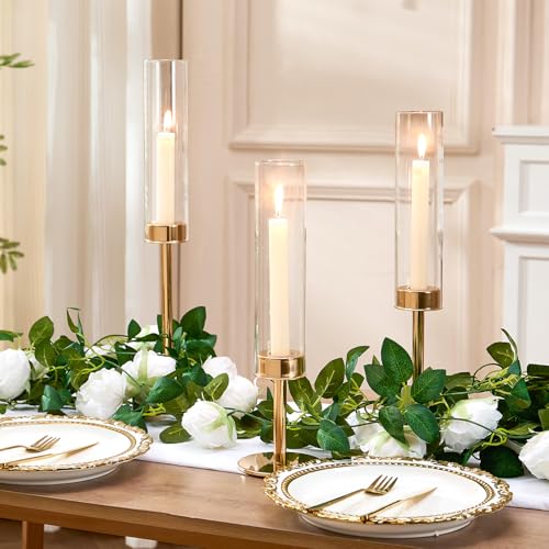 Gold Hurricane Candle Holders Set of 3, Tall Metal & Windproof Glass Taper Candle Holders, Brass Candlesticks Holder Decor...