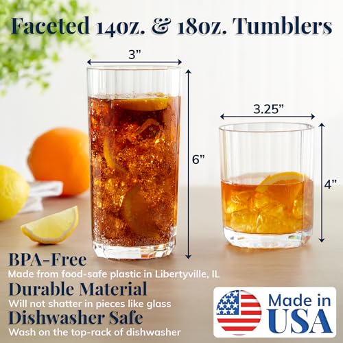 US Acrylic Faceted Clear Plastic Reusable Drinking Glasses (Set of 8) 14oz Rocks & 18oz Water Cups, BPA-Free Tumblers, Mad...